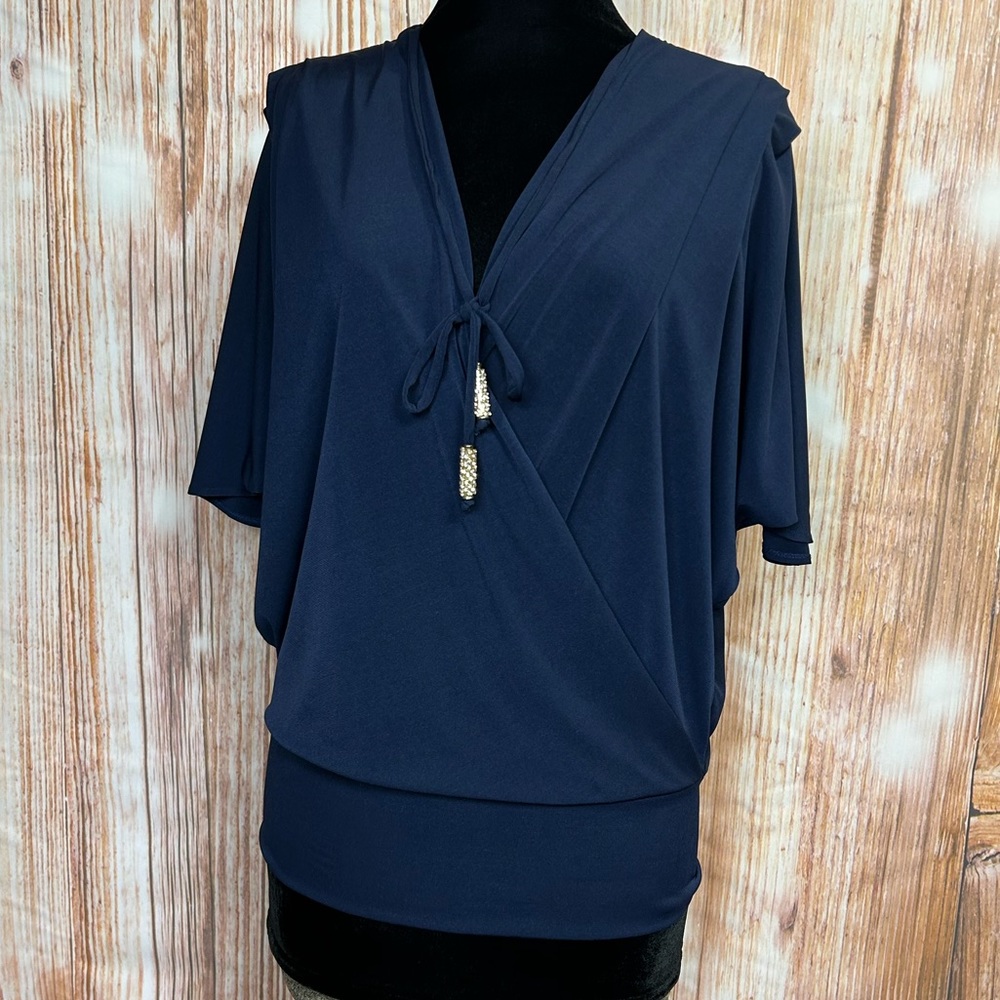 Julian Chang‎ Rhinestone Tie Crossover Batwing Top